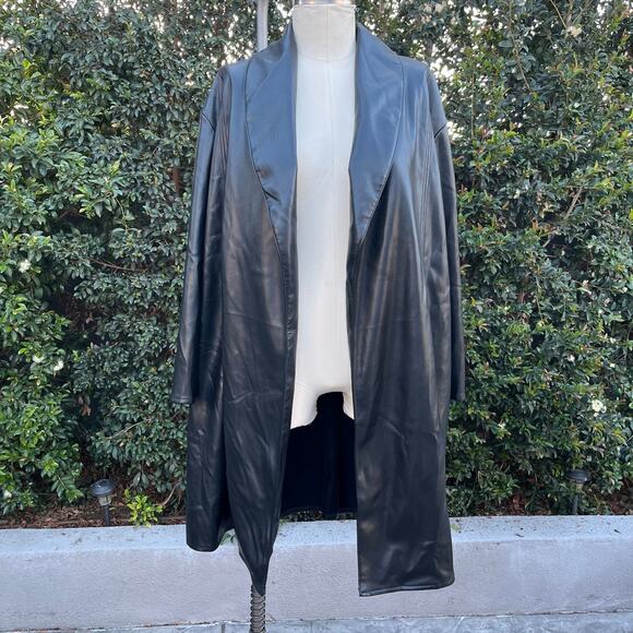 Kenneth Cole New York Faux Leather Buttery Soft Black Trench Overcoat Large - Picture 2 of 8